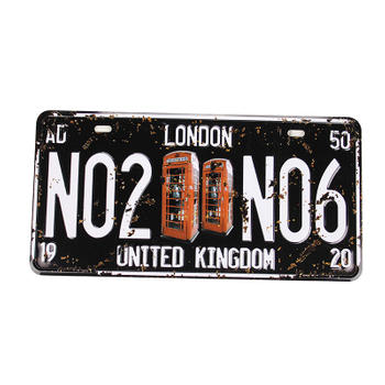 London Vintage Black and White Car License Plate